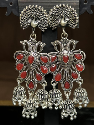 Shora Silver Oxidised Red Peacock Jhumki Earrings Alloy Jhumki Earring, Earring Set
