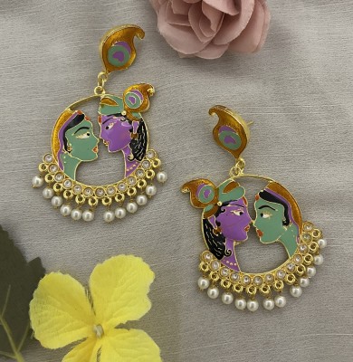 Fashion Theme Traditional Radha Krishna Earrings Purple Earring Kundan Stone Chandbali Jhumka Crystal, Pearl, Beads Brass Earring Set, Chandbali Earring