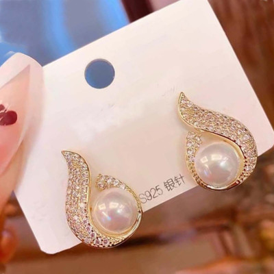 Harsu Collection Women's Gold Plated Fishtail Pearl Drops Stud Earring Cubic Zirconia Alloy Stud Earring