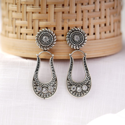 Sanseeta Nupura- Silver Brass Oxidised dangler earrings(White) Zircon Brass Drops & Danglers