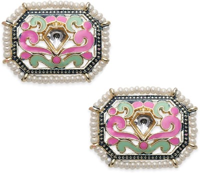 Oomph Pink Meenakari Enamel Stud Earrings - Rectangle Indo-Western Design Beads, Crystal Alloy Stud Earring