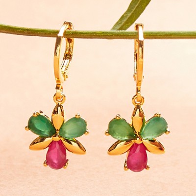 Voylla Spakling Essentials Green & Pink Stone Earrings Brass Hoop Earring