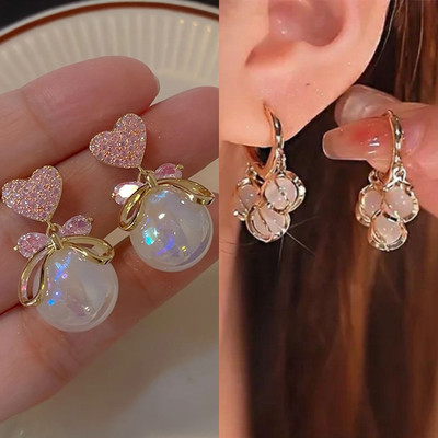 estailo fashion Pink Heart Pearl Drops EarringCozy Crystal Hoop Earrings Pack Of 2 Cubic Zirconia Alloy Earring Set