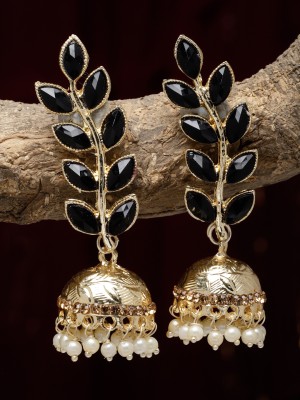 ZENEME Black & White Kundan studded Dome Shaped Meenakari Jhumka Earrings Crystal Metal Jhumki Earring