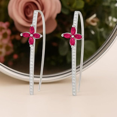 Bawree Silver Ruby Pink AD Stone Earrings Diamond Metal Cuff Earring