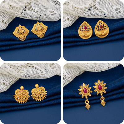LaChoiceIt Pack of 4 Pair Traditional Gold Pleted Earring Collection Brass Earring Set