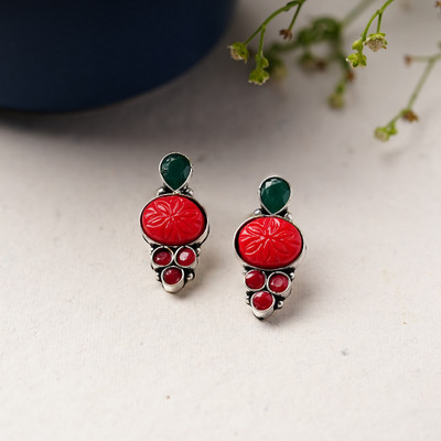 Sanseeta ShilpaRatna- Brass stone studded stud earrings(Red) Zircon Brass Stud Earring