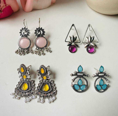 DANGAR ENTERPRISE Set of 4 Oxidised German Silver Ethnic Earrings Jhumka Alloy Earring Set