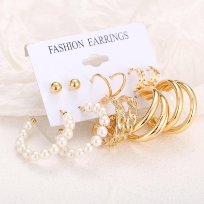 Vembley Jewellery Celebrity Inspired Gold Plated Earrings Combo for Girls/ Women Pearl Alloy Hoop Earring