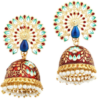 House of Pataudi Gold Plated Peacock Design Multicolor Meenakari Embedded Jhumki for Women Brass Jhumki Earring