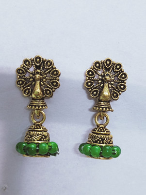 SRGems Peacock Antique Brass Jhumka Earrings with Glossy Green Beads Earring For Women Brass Drops & Danglers