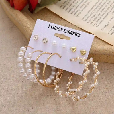 Vembley Combo of 6 Pair Golden Heart Stone Stud And Pearl Hoop Earrings For Women/Girls Pearl Alloy Hoop Earring