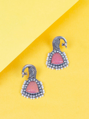 Sangria Pink Off-White Oxidised Silver-Plated Enamelled Beaded Drop Earrings Alloy Drops & Danglers