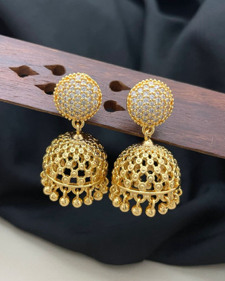 PBM CREATIONS GOLD PLATED AD STONE WEDDING JHUMKI / PEARL STUD / KUNDAN BEADS EARRING Copper Drops & Danglers, Jhumki Earring