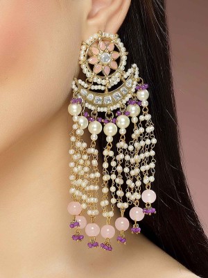 Karatcart Gold Plated Pink Beads Purple Crystals Kundan Tassel Earrings for Women Alloy Drops & Danglers