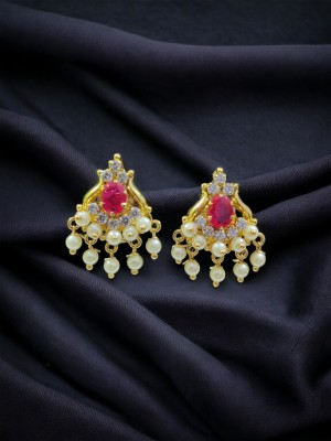 Raikar Jewellers Red Gemstone Unique Bell Design Pearl Copper Stud Earring