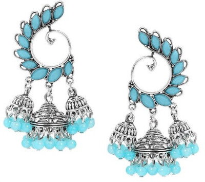 RUBANS Oxidized Silver-Plated Turquoise Blue Studded & Beaded Jhumka Earrings Brass Jhumki Earring