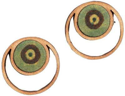 Whe Green Ajrakh Fabric and Repurposed Wood Stud Earrings Wood Ear Thread