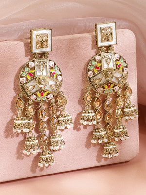 RUBANS 22K Gold-Plated Multicolour Enamel & Kundan Studded Long Jhumka Dangler Brass Jhumki Earring