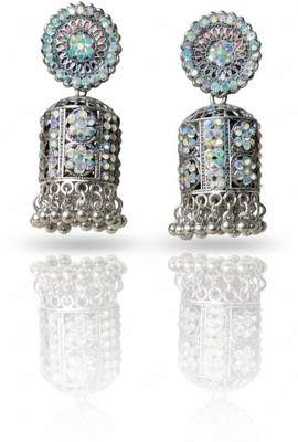 Sharad Creation Oxidized Silver Mirror Jhumka Earrings for Women & Girls Ethnic Party Wear Cubic Zirconia, Quartz, Beads Alloy Jhumki Earring