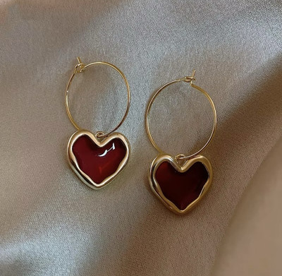 Dhrti Bling Gold Heart Hoop Earrings, Red Enamel Heart Charm Stainless Steel Stud Earring, Drops & Danglers, Earring Set