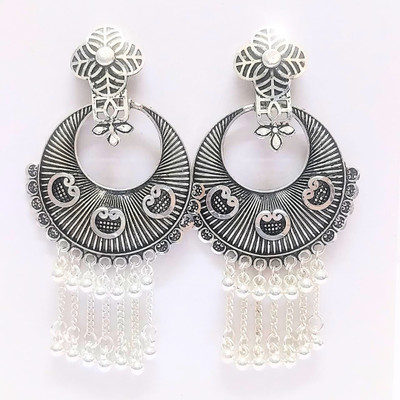 Ally Crafts Vintage Style Oxidized Silver Chandelier Earrings with Floral Design Pearl Alloy Jhumki Earring, Drops & Danglers