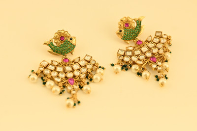 Trendy Utkal Gold Plated Pearl And Kundan Studded Dangler Earrings For Women Drops & Danglers Pearl Brass Drops & Danglers