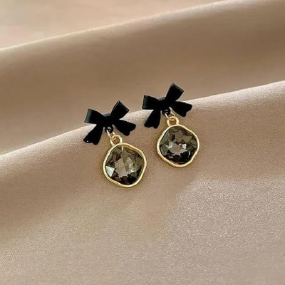 Harsu Collection Black Bow Earrings Luxurious Rhinestone Jewelry Accessories Cubic Zirconia Alloy Stud Earring