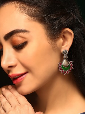 Priyaasi Ruby Green Abstract Pattern Oxidized Silver plating Hanging earrings Brass Drops & Danglers