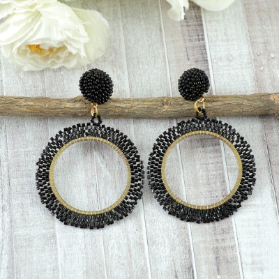 Jewelgenics Gold-Plated Handcrafted Black Beaded Earrings Beads Alloy Drops & Danglers, Hoop Earring