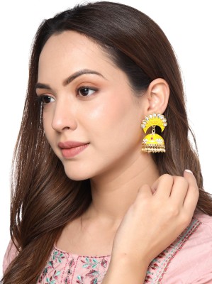 YELLOW CHIMES Bright Yellow Color Pearl and Stone Studded Meenakari Jhumka Earrings Crystal Copper Stud Earring