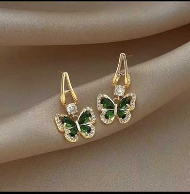 LITTLE JEWELS Green Butterfly Hoop Earrings with Rhinestones for Women Stainless Steel Drops & Danglers