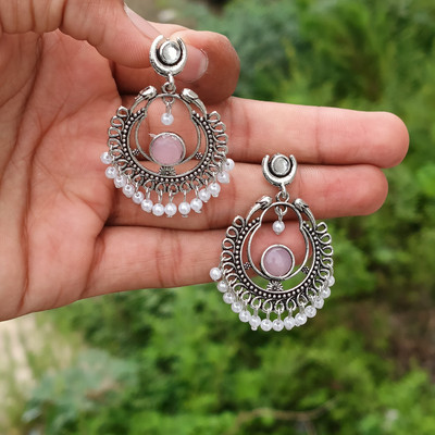forenta Traditional Oxidised Silver-Plated Chandbali Earrings with Pink Stone Alloy Earring Set