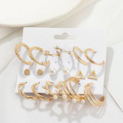 JDENTERPRISES Combo of 9 Pair Golden Triangle Pearl Stud / Twisted Hoop Earring For Women/Girl Pearl Alloy Drops & Danglers