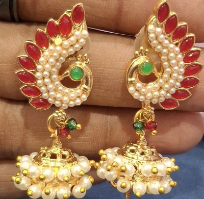 SAKETHAM Red Peacock Dance Alloy Jhumki Earring