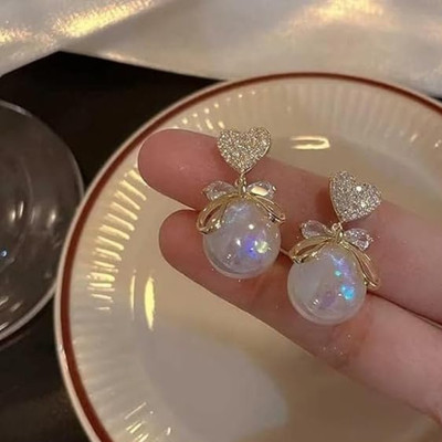 Sana creation Korean Bow Big Pearl Drop Earrings Crystal Cubic Zirconia, Drops & Danglers Pearl, Cubic Zirconia Alloy Drops & Danglers