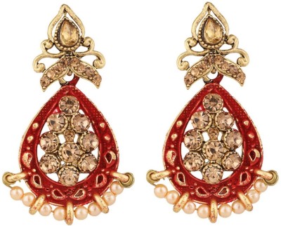 Jewels Capital Traditional Enamelled Red & Gold-Toned Teardrop Shaped Drop Earrings_JC Cubic Zirconia Brass Drops & Danglers