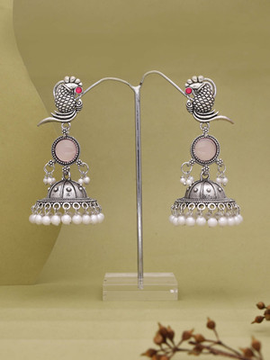 Zoey Light Pink Silver Plated Oxidised Peacock JhumaEarings Beads Alloy Jhumki Earring