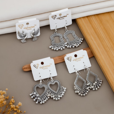 Vigilantee Jewels Combo of 4 Pair Oxidised Hoop Silver Combo Jhumki Earrings Set Alloy Beads, Moonstone, Pearl, Zircon Alloy Drops & Danglers, Earring Set, Hoop Earring