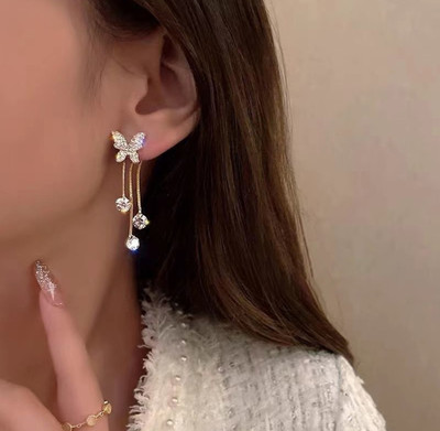 Vembley Korean Studded Butterfly Tassels Drop Earrings For Women And Girls Zircon Alloy Stud Earring