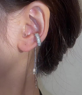 Vembley Silver Shiny Tassels Studded Ear Cuff For Women/Girls Cubic Zirconia Alloy Cuff Earring
