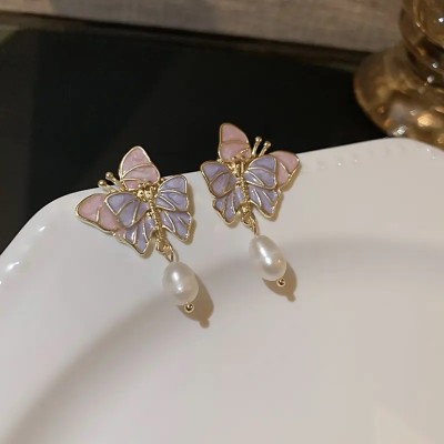 Aylana Double Butterfly Pearl Drop Earrings Alloy Drops & Danglers, Plug Earring