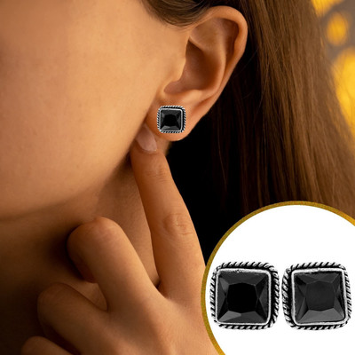 VAMA Trendy Silver Oxidised Black Monalisa Stone Ear Cuff Kaan Ki Bali Stud Earrings Crystal Metal Stud Earring