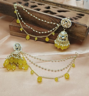 Soniya Crafts Kundan Chandelier Yellow Pearls Jhumki Earring with Layered Hair Chain Beads Alloy Drops & Danglers