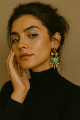 Mini Bits & Crafts Ethnic Designer Earrings with Golden Frame and Opal Stone Onyx Alloy Jhumki Earring