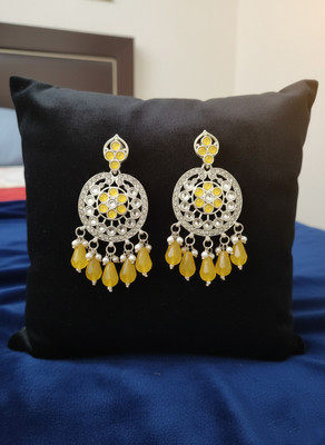 desi drapes Traditional Silver Plated Yellow Kundan Chandbali Earrings for Women & Girls Beads, Crystal Alloy Chandbali Earring, Jhumki Earring