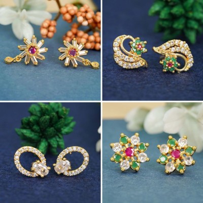 RAMDEV ART FASHION JEWELLERY Dazzling Diamond Finish Combo of 4 with 22K Gold-Plated Studs Diamond Brass Earring Set