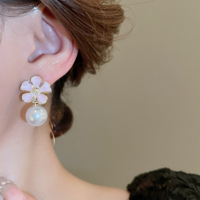 LBTK White Pink Enamel Petal Flower Pearl Stud Earrings Cubic Zirconia Alloy Stud Earring, Drops & Danglers