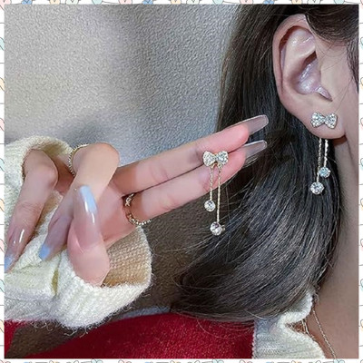 JDENTERPRISES Korean Studded Bow Shiny Tassels Drop Earrings For Women/Girls Cubic Zirconia Alloy Drops & Danglers