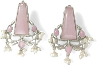 Zorkh Jewellery Women's Silver Oxidised Stud Earrings Pearl Brass Stud Earring, Drops & Danglers